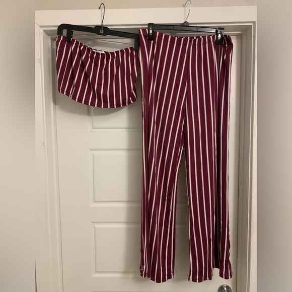 NEW CAPELLA PLUS SIZE Maroon Striped Two Piece Tube Top Wide Pants Set 2XL 3XL - Picture 2 of 5